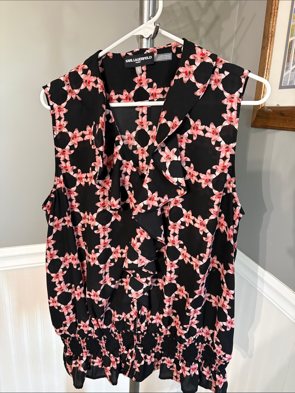Karl Lagerfeld Black Sleeveless Blouse with Pink Floral Link Print
